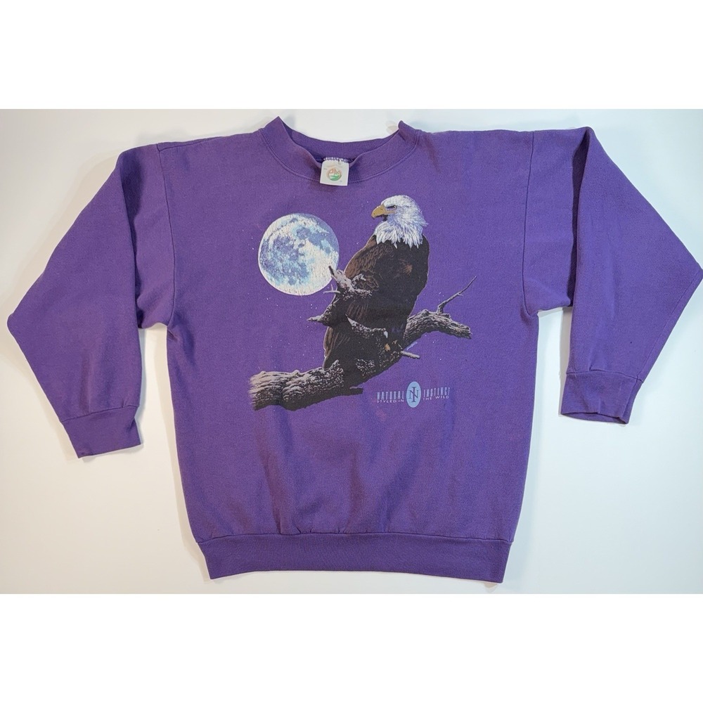 Vintage 90s Eagle Moon Crewneck Sweatshirt XL Purple Nature Graphic